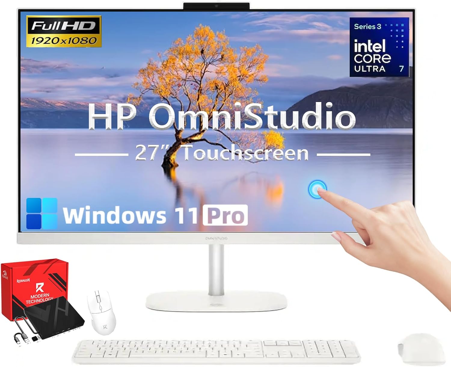 HP OmniStudio 27" Full HD Touchscreen All in One Desktop Computer - 16GB DDR5 1TB SSD, Intel Core Ultra 7 355U (up to 4.7GHz), 49 Tops NPU, WiFi 7, Copilot AI PC, Win11 Pro, KB & Mouse, for Business