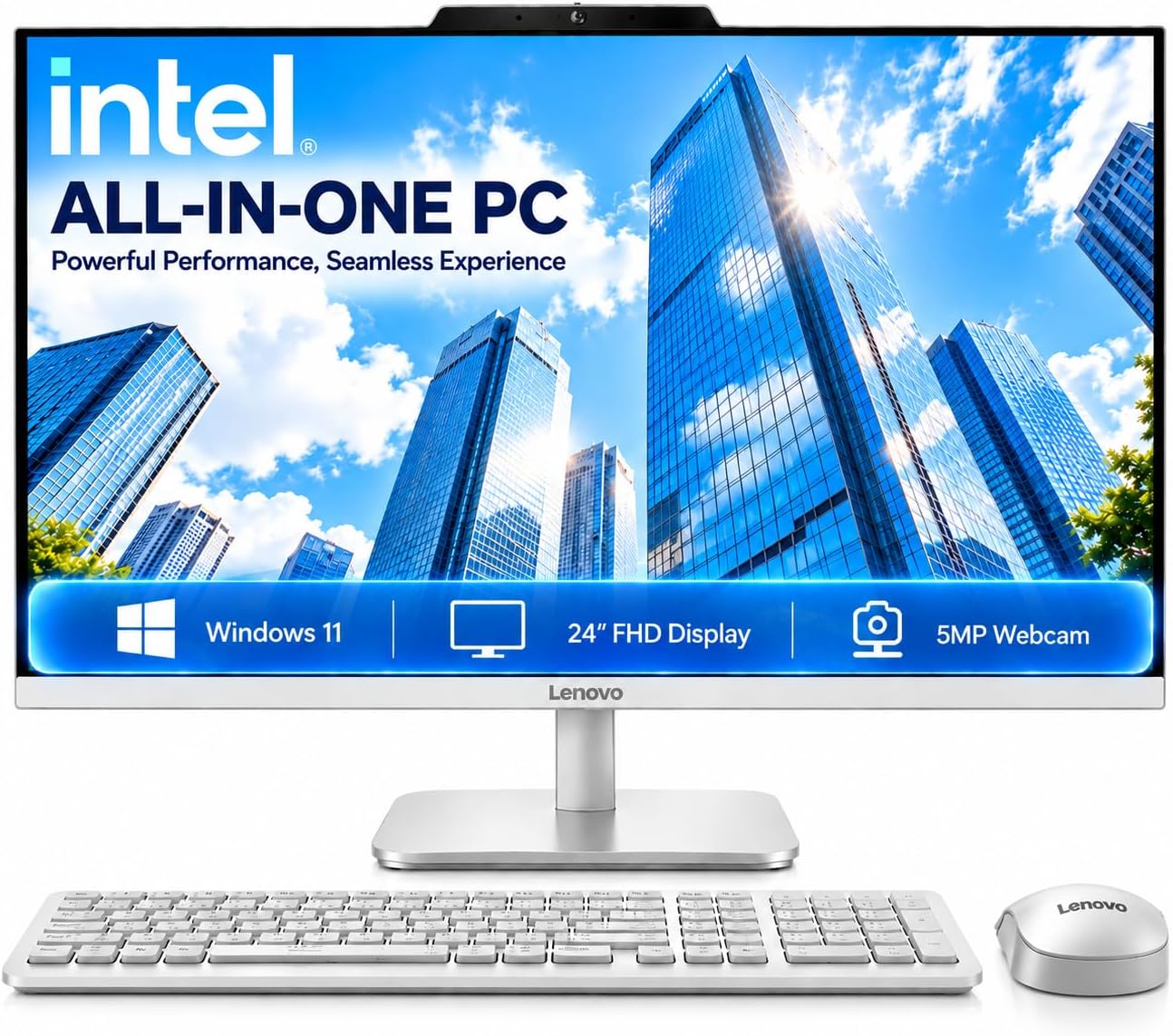 Lenovo 24" FHD All-in-One Desktop Computer for Home & Office, Intel Processor, 16GB RAM, 256GB SSD, HDMI, WiFi 6, Business AIO, Bluetooth 5.2, Wireless KB & Mouse, Windows 11 Pro